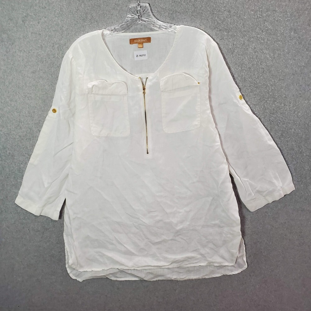 Ellen Tracy Women Top Large White Blouse‎ 100% Linen Tunic 1/2 Zip Roll Tab